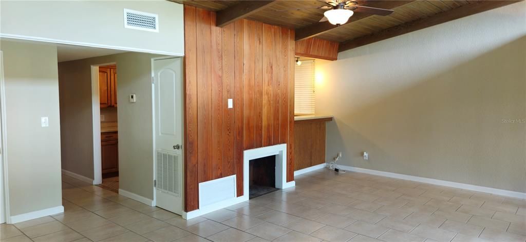 Empty room, Fireplace, Interior, Wooden Ceilings, Wooden Walls