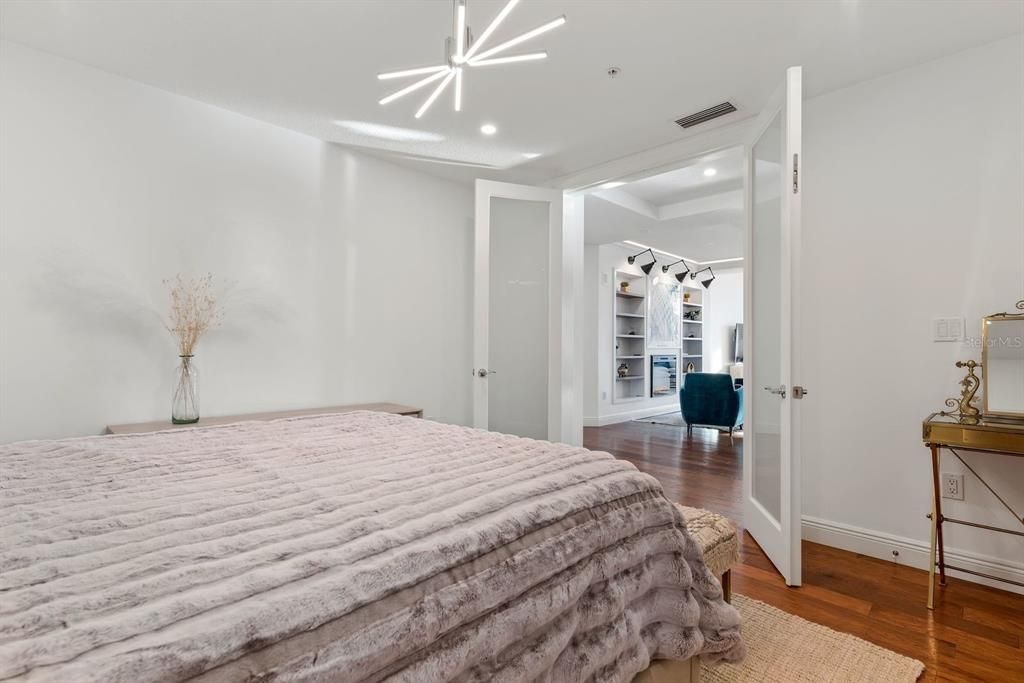 Bedroom, Interior, Recessed Lighting, Wood Texture Flooring