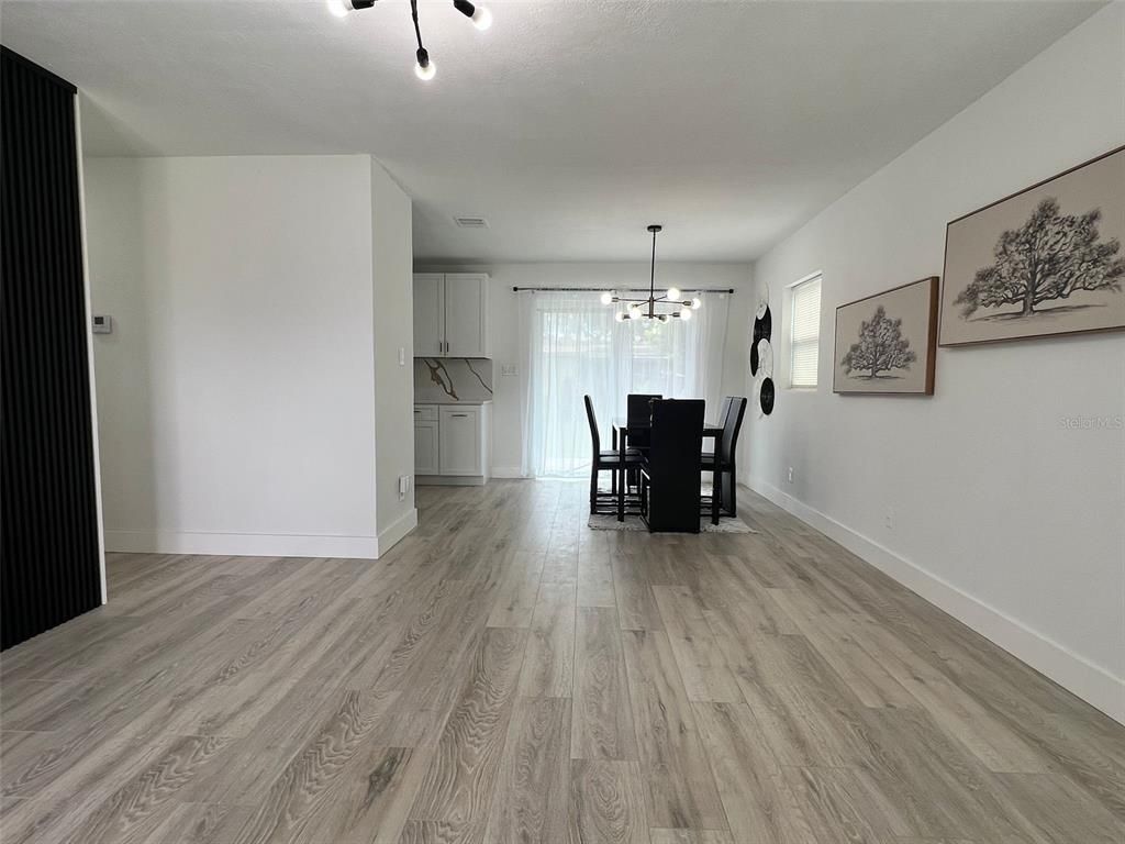 Dining room, Interior, Pendant Lights, Wood Texture Flooring