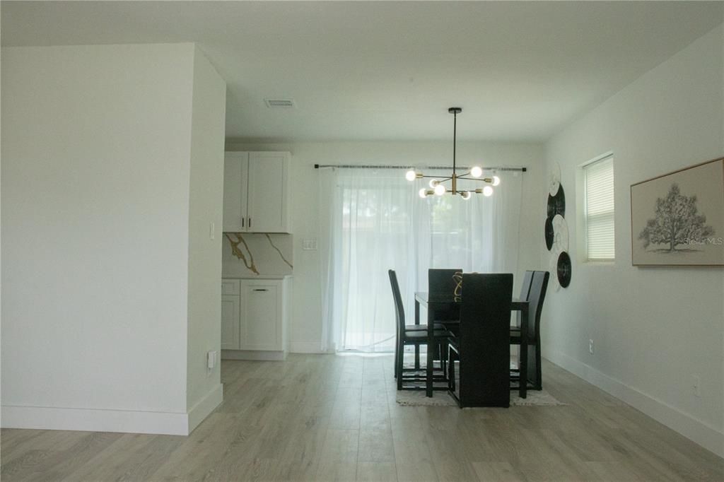 Dining room, Interior, Pendant Lights, Wood Texture Flooring