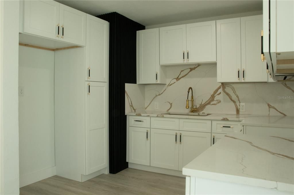 Interior, Kitchen, Marble Walls, Wood Texture Flooring