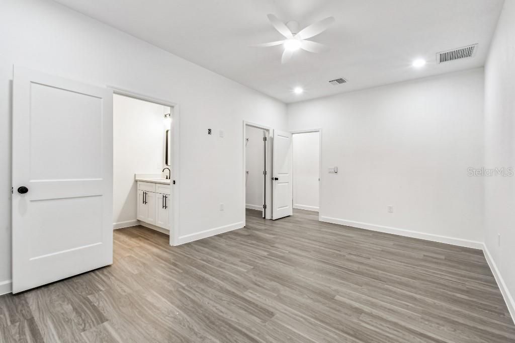 Bathroom, Empty room, Interior, Recessed Lighting, Wood Texture Flooring