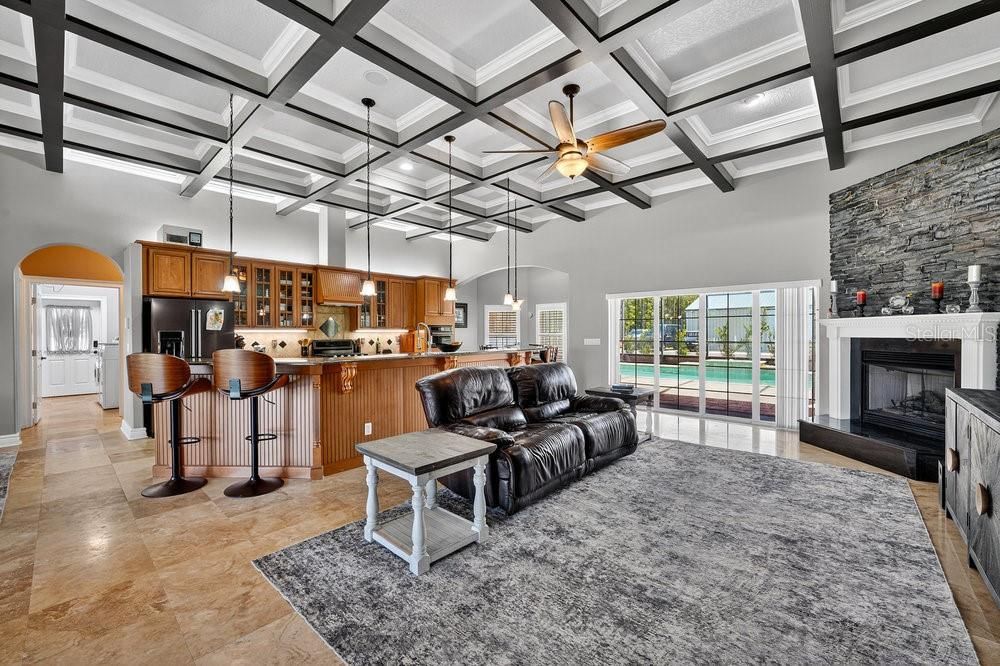 Fireplace, Interior, Kitchen, Living room, Pendant Lights, Stone Walls