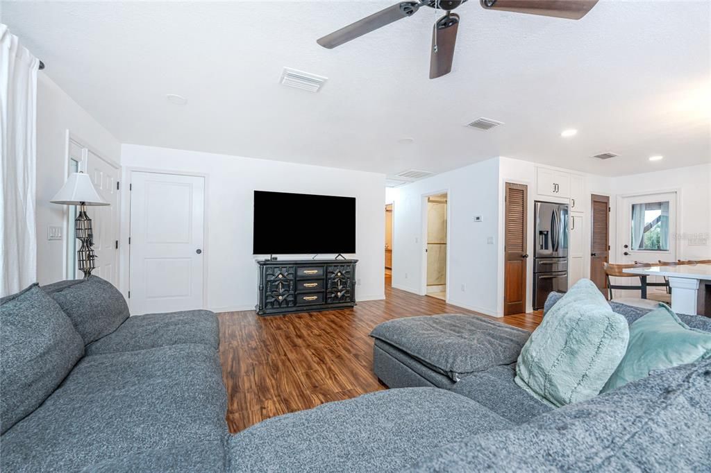 Interior, Kitchen, Living room, Recessed Lighting, Stainless Steel Appliances, Wood Texture Flooring