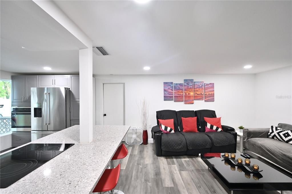 Interior, Kitchen, Living room, Recessed Lighting, Stainless Steel Appliances, Wood Texture Flooring