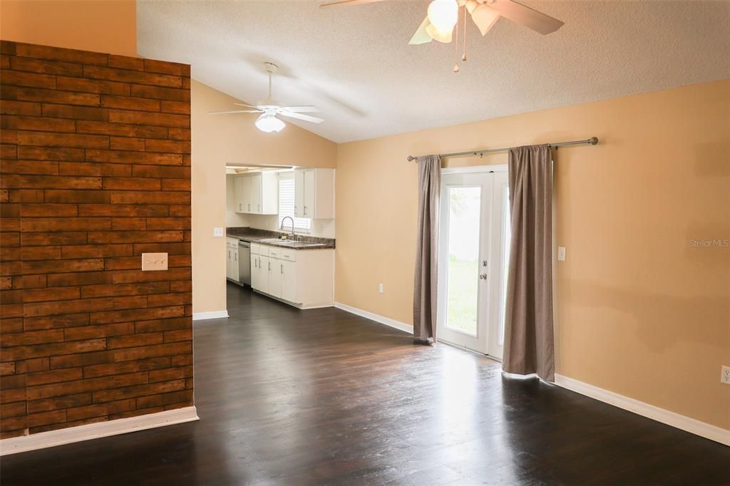 Empty room, Interior, Kitchen, Stone Walls, Wood Texture Flooring