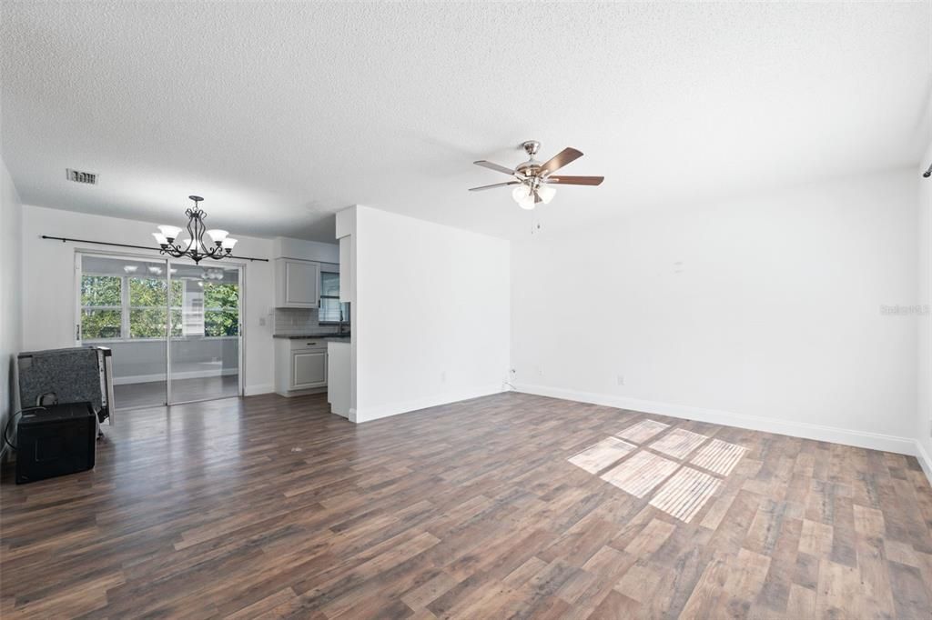 Chandelier, Empty room, Interior, Kitchen, Wood Texture Flooring