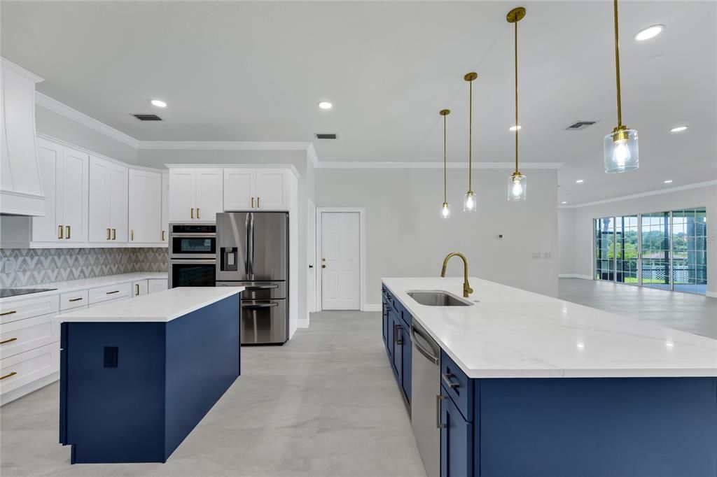 Interior, Kitchen, Marble, Pendant Lights, Recessed Lighting, Stainless Steel Appliances