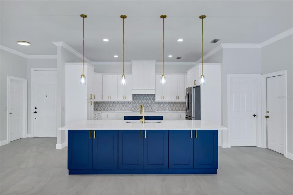 Interior, Kitchen, Marble, Pendant Lights, Recessed Lighting