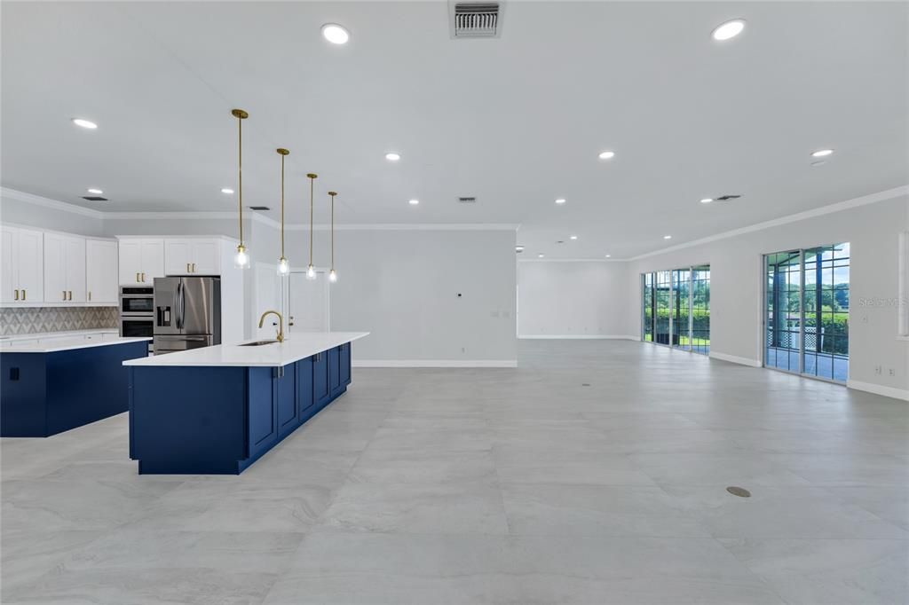 Interior, Kitchen, Marble, Pendant Lights, Recessed Lighting, Stainless Steel Appliances