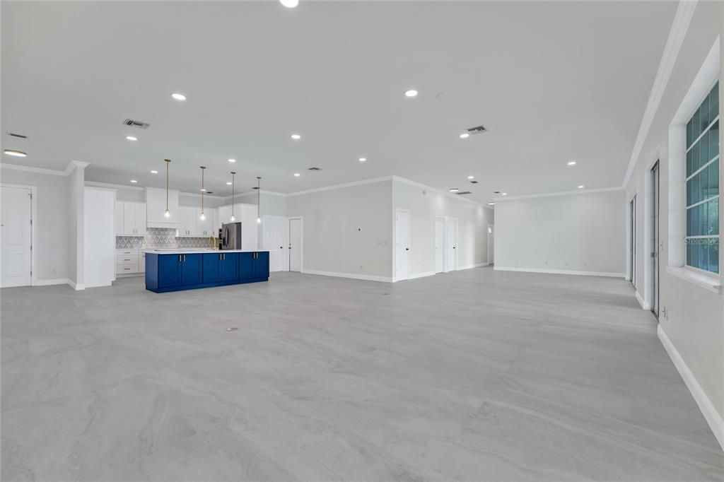 Empty room, Interior, Kitchen, Marble, Pendant Lights, Recessed Lighting