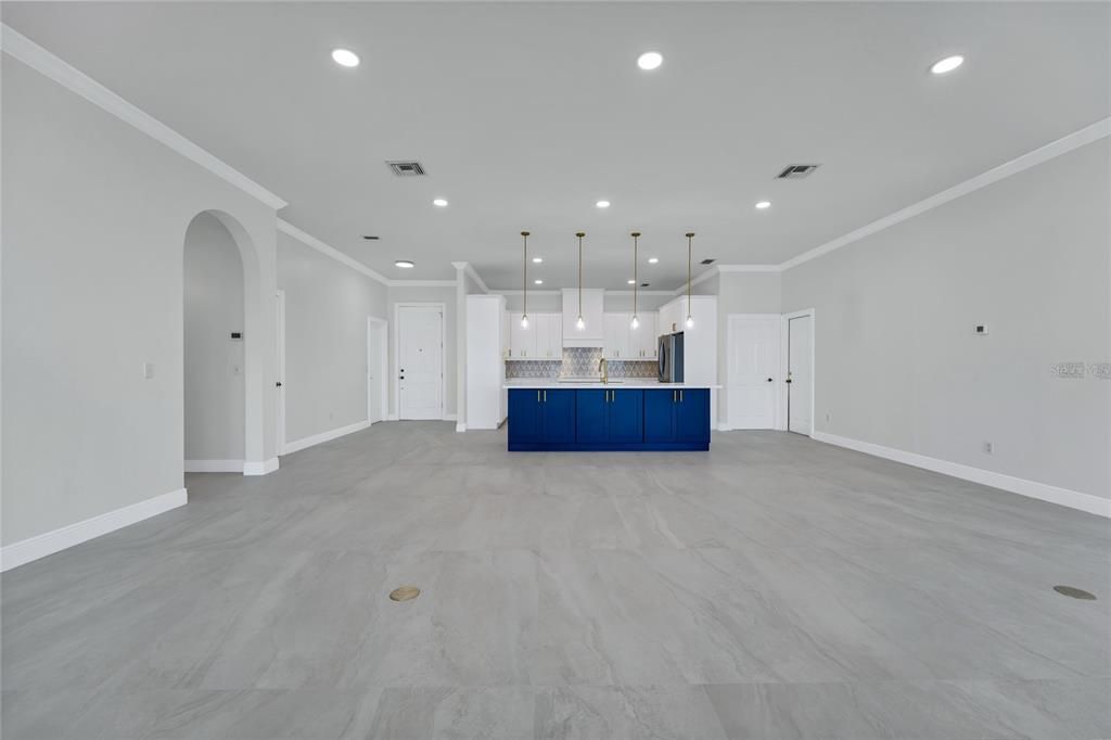 Empty room, Interior, Kitchen, Marble, Pendant Lights, Recessed Lighting