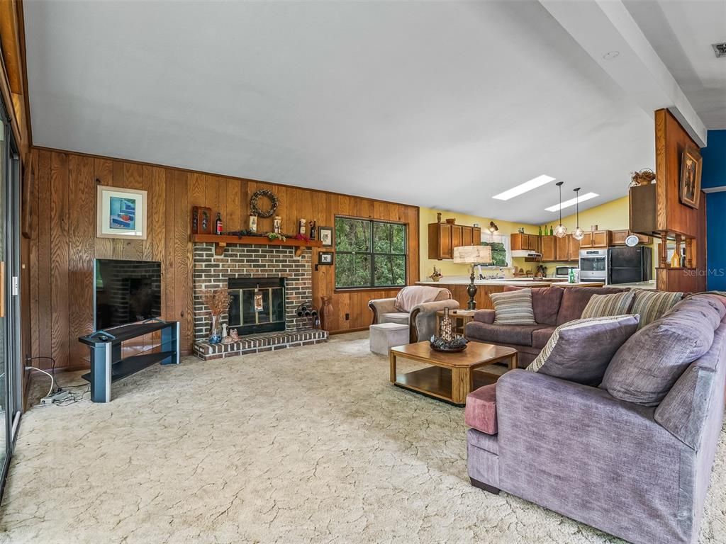 Fireplace, Interior, Kitchen, Living room, Pendant Lights, Stone Walls, Wooden Walls