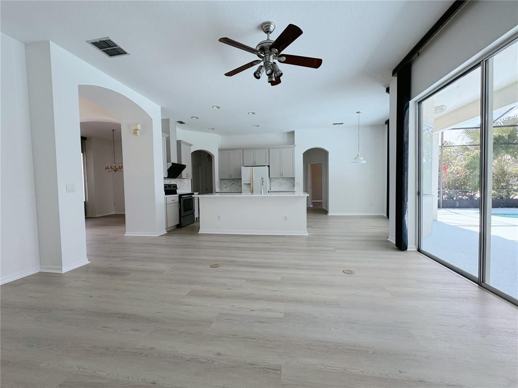 Empty room, Interior, Kitchen, Pendant Lights, Recessed Lighting, Wood Texture Flooring
