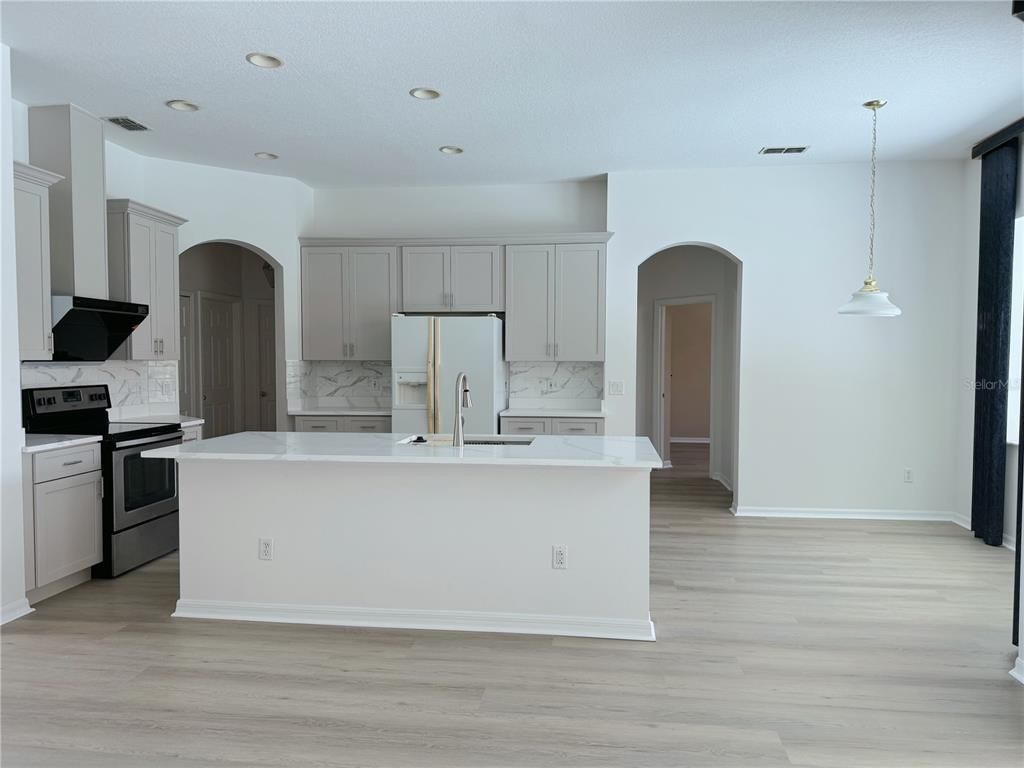 Interior, Kitchen, Pendant Lights, Recessed Lighting, Wood Texture Flooring