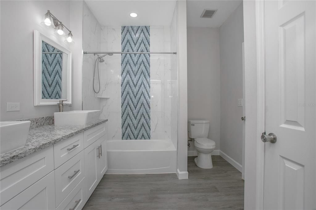Bathroom, Interior, Marble Walls, Recessed Lighting, Wood Texture Flooring
