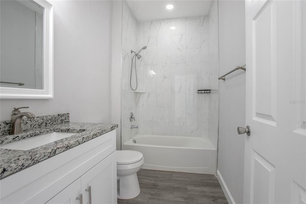 Bathroom, Interior, Marble Walls, Recessed Lighting, Wood Texture Flooring