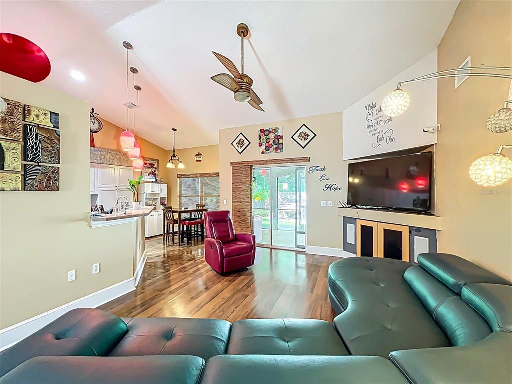 Dining room, Interior, Kitchen, Living room, Pendant Lights, Recessed Lighting, Wood Texture Flooring