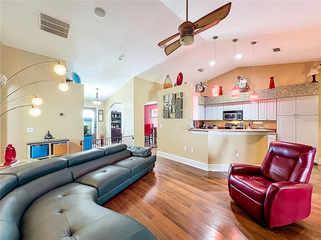 Interior, Kitchen, Living room, Pendant Lights, Recessed Lighting, Stainless Steel Appliances, Wood Texture Flooring