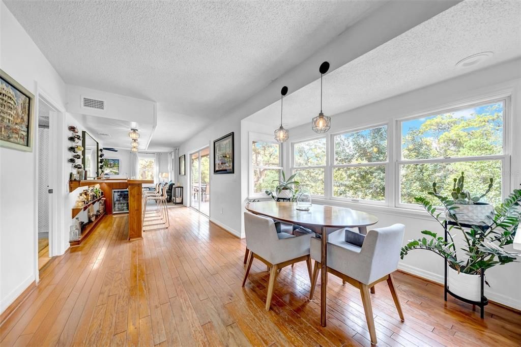 Dining room, Interior, Pendant Lights, Wood Texture Flooring