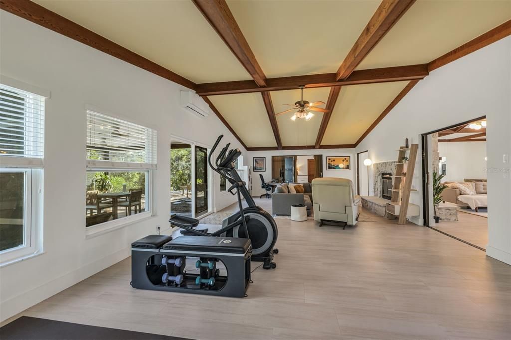Fitness Equipment, Interior, Wooden Beams, Wood Texture Flooring
