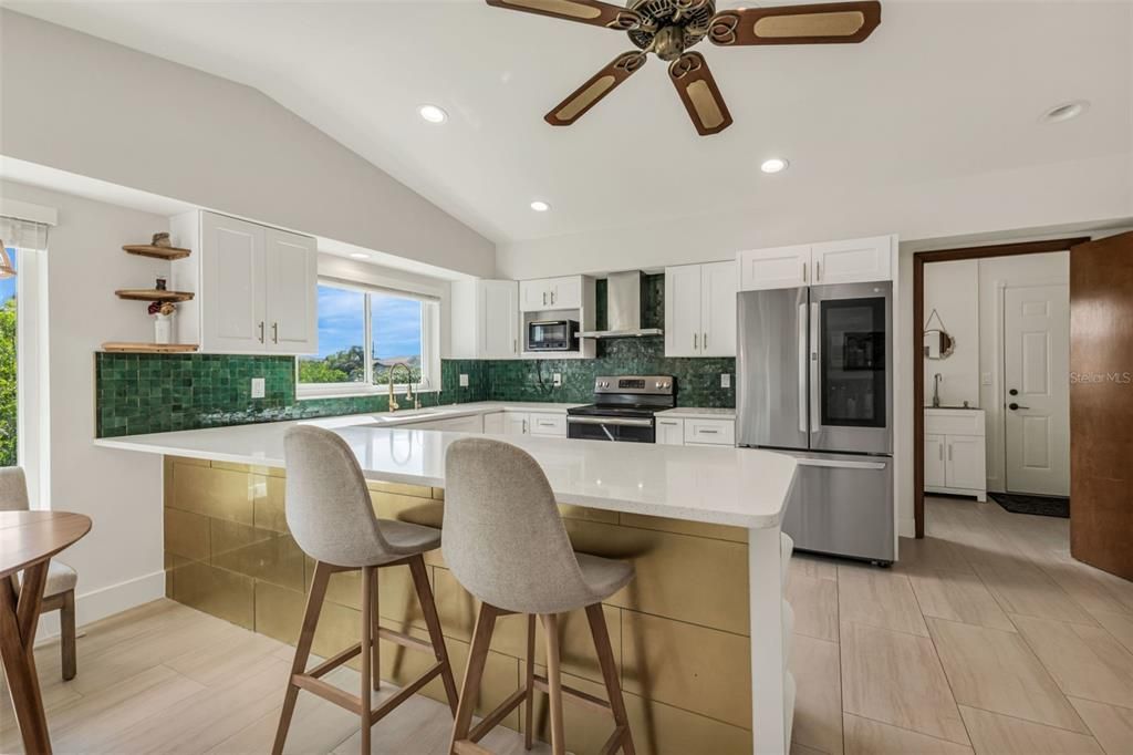 Interior, Kitchen, Recessed Lighting, Stainless Steel Appliances, Water, Wood Texture Flooring