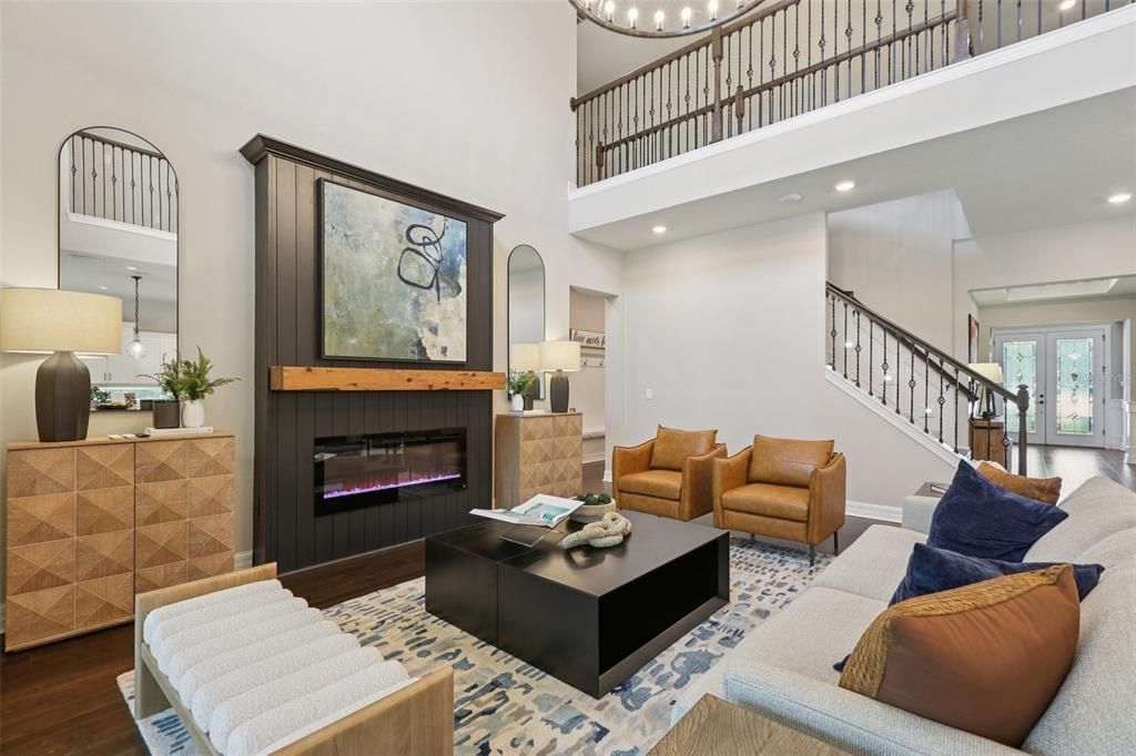 Fireplace, Interior, Living room, Recessed Lighting, Wood Texture Flooring