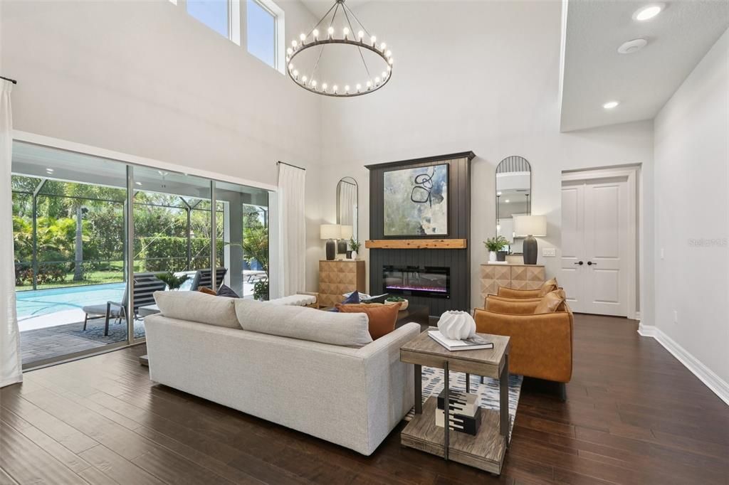 Fireplace, Interior, Living room, Pendant Lights, Recessed Lighting, Wood Texture Flooring