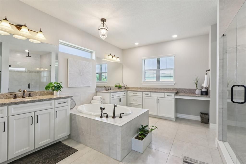 Bathroom, Dual Sink Vanities, Glass Shower, Interior, Recessed Lighting