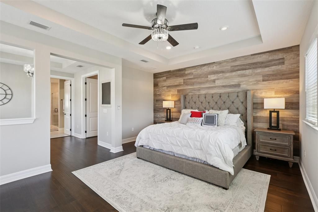 Bedroom, Interior, Recessed Lighting, Wood Texture Flooring, Wooden Walls