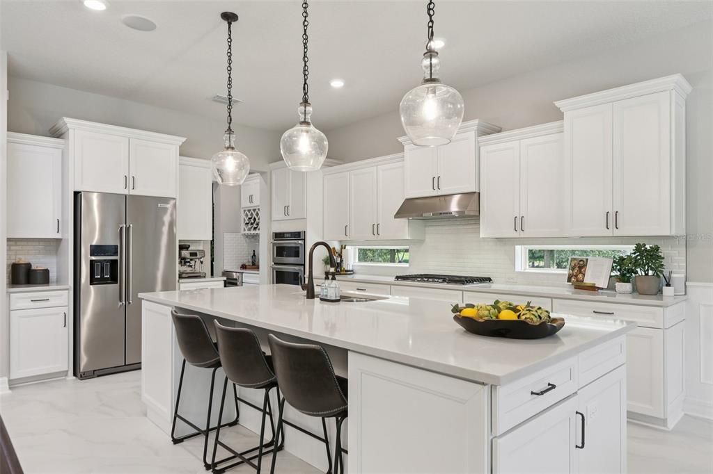 Interior, Kitchen, Marble, Pendant Lights, Recessed Lighting, Stainless Steel Appliances