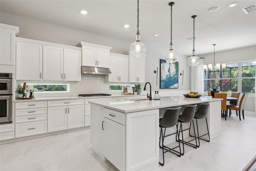 Dining room, Interior, Kitchen, Marble, Pendant Lights, Recessed Lighting, Stainless Steel Appliances