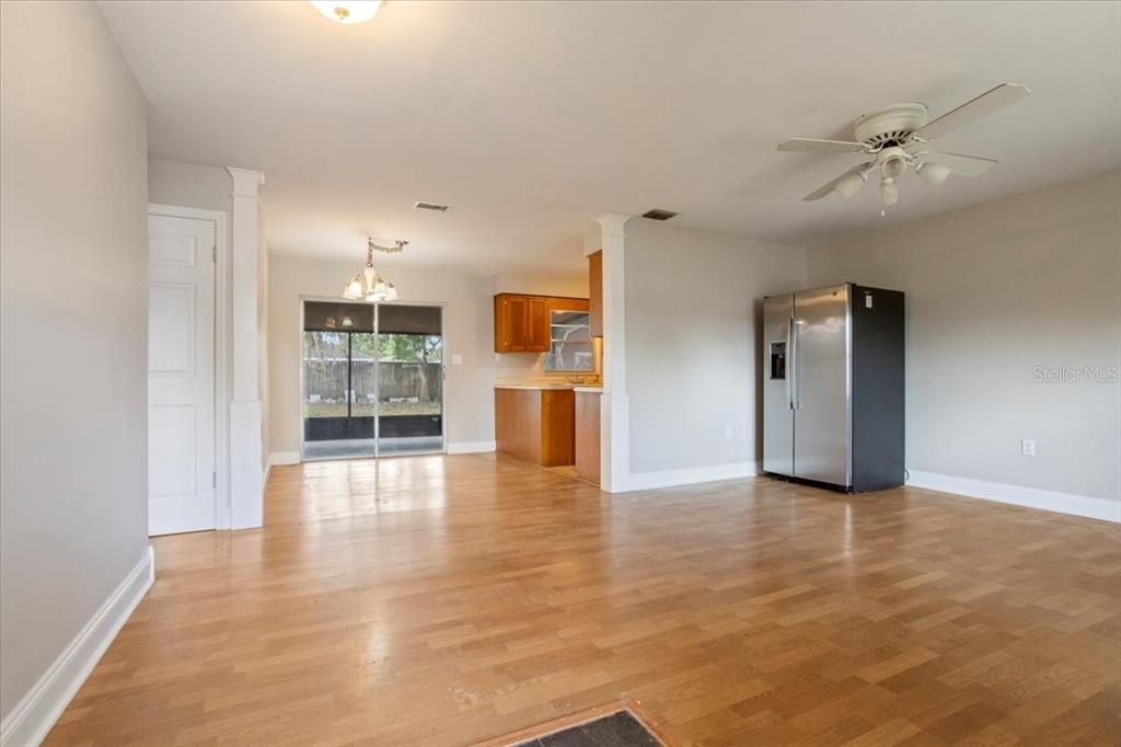 Empty room, Interior, Kitchen, Pendant Lights, Wood Texture Flooring