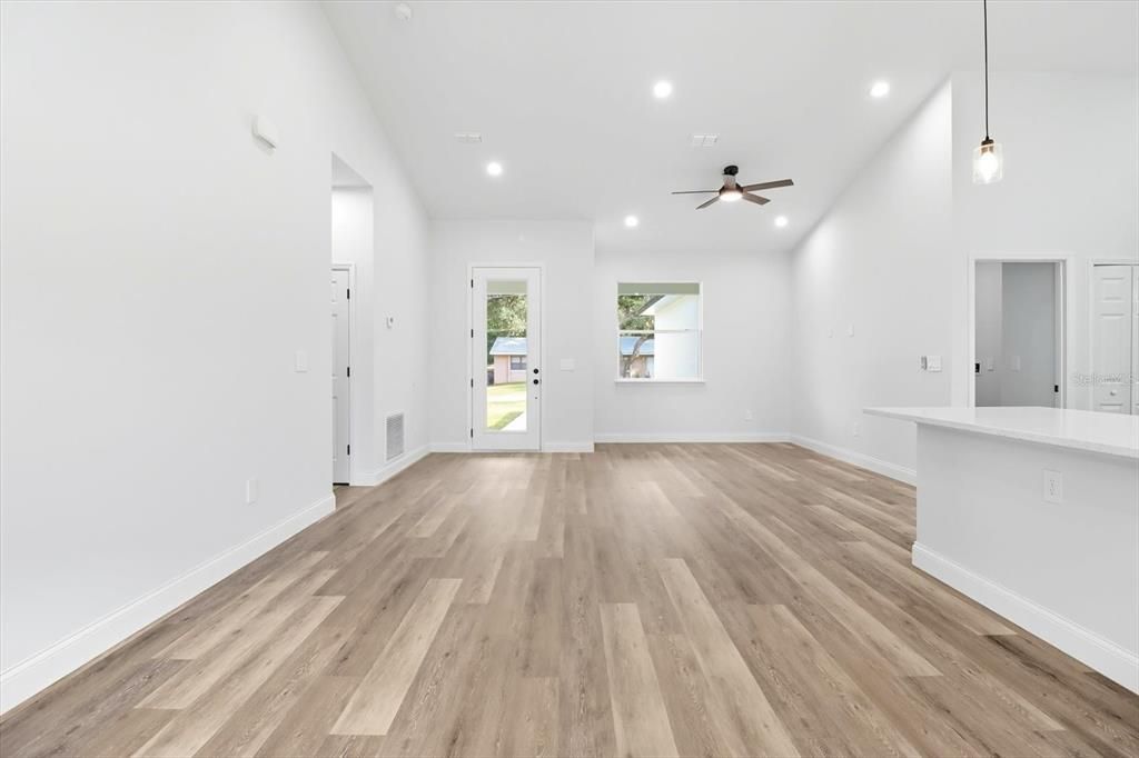 Empty room, Interior, Pendant Lights, Recessed Lighting, Wood Texture Flooring