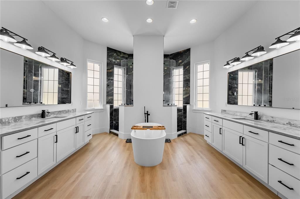 Bathroom, Dual Sink Vanities, Free Standing Baths, Interior, Recessed Lighting, Wood Texture Flooring