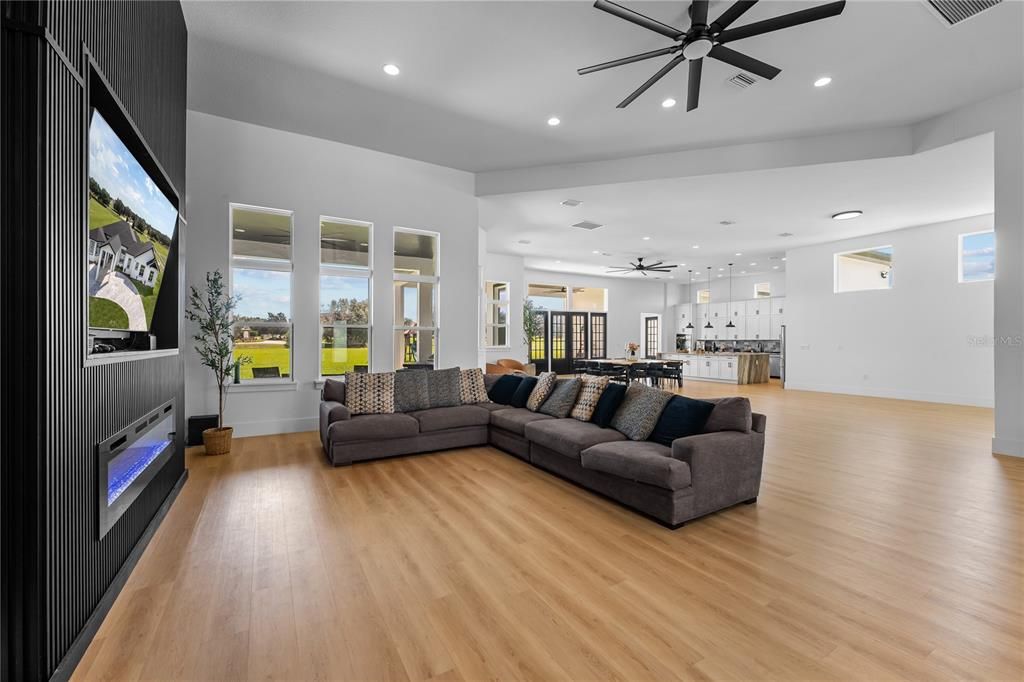 Interior, Kitchen, Living room, Pendant Lights, Recessed Lighting, Wood Texture Flooring