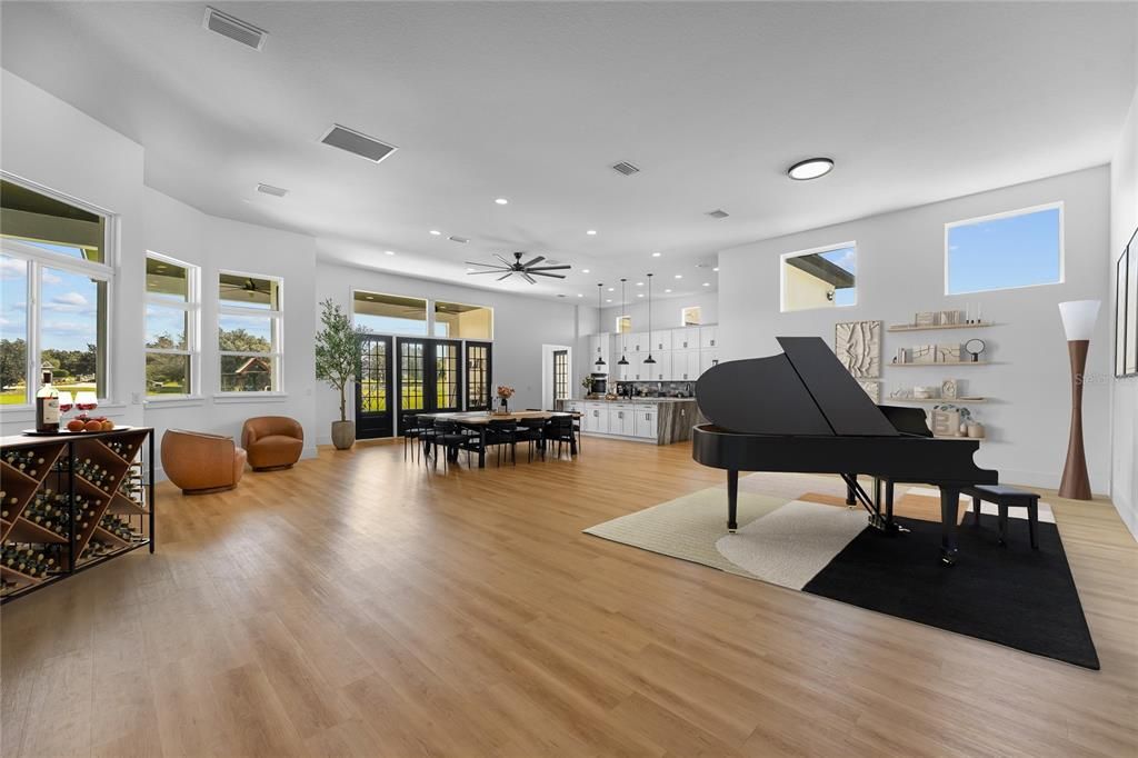Dining room, Interior, Pendant Lights, Piano, Recessed Lighting, Wood Texture Flooring