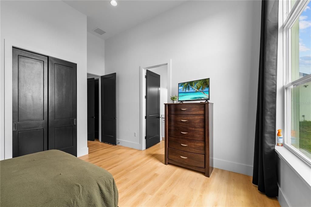 Bedroom, Interior, Recessed Lighting, Wood Texture Flooring