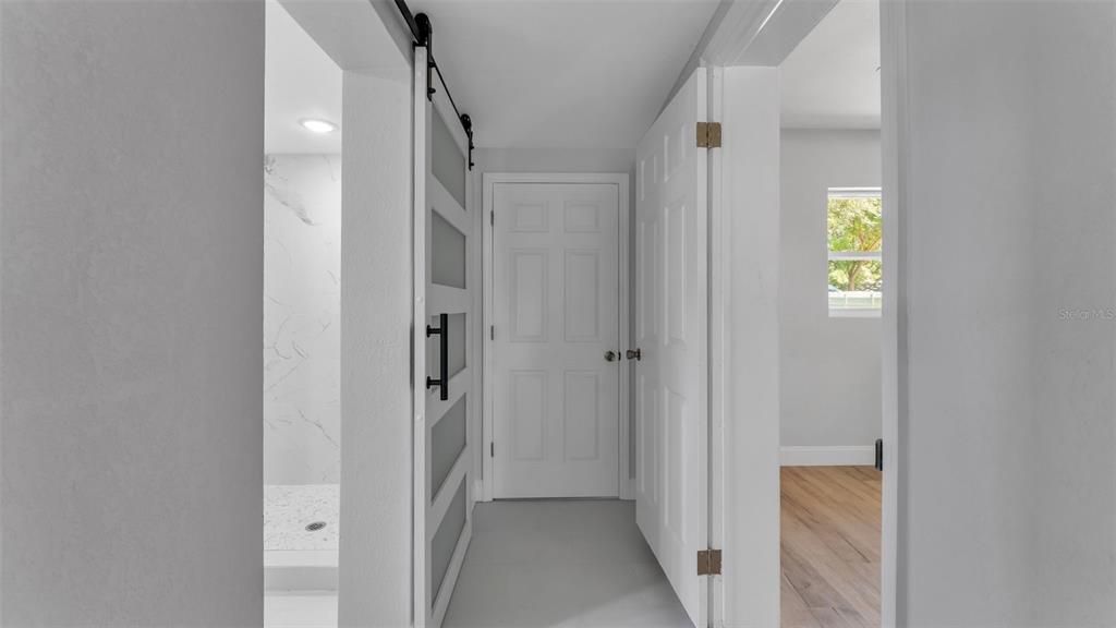 Interior, Marble Walls, Recessed Lighting, Wood Texture Flooring