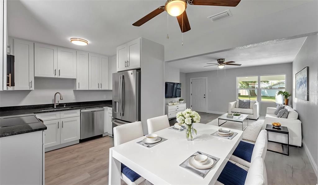 Dining room, Interior, Kitchen, Living room, Stainless Steel Appliances, Wood Texture Flooring