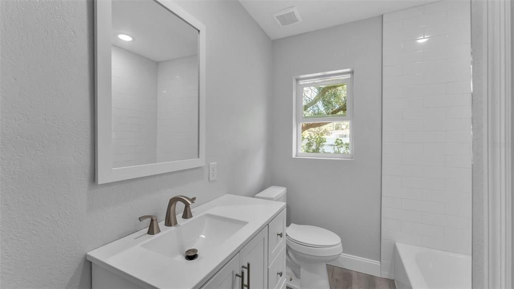 Bathroom, Interior, Recessed Lighting, Wood Texture Flooring