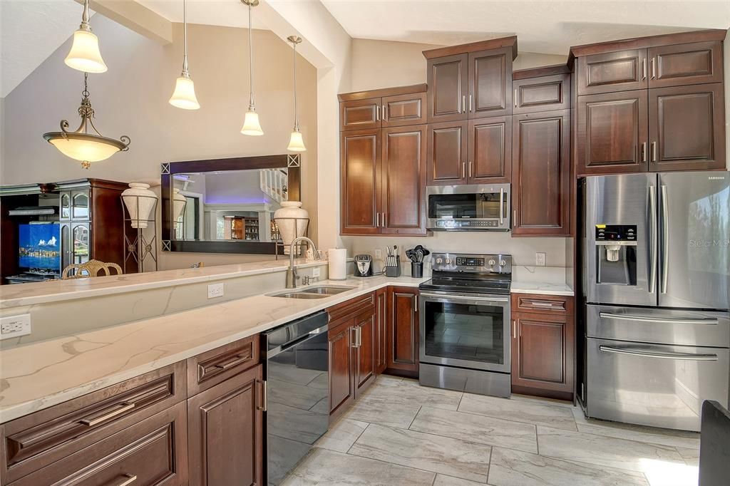 Interior, Kitchen, Pendant Lights, Stainless Steel Appliances, Wood Texture Flooring