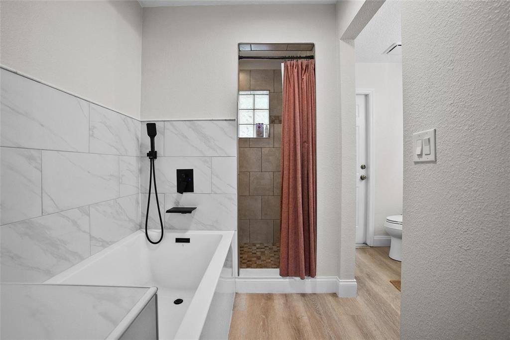 Bathroom, Interior, Marble Walls, Wood Texture Flooring