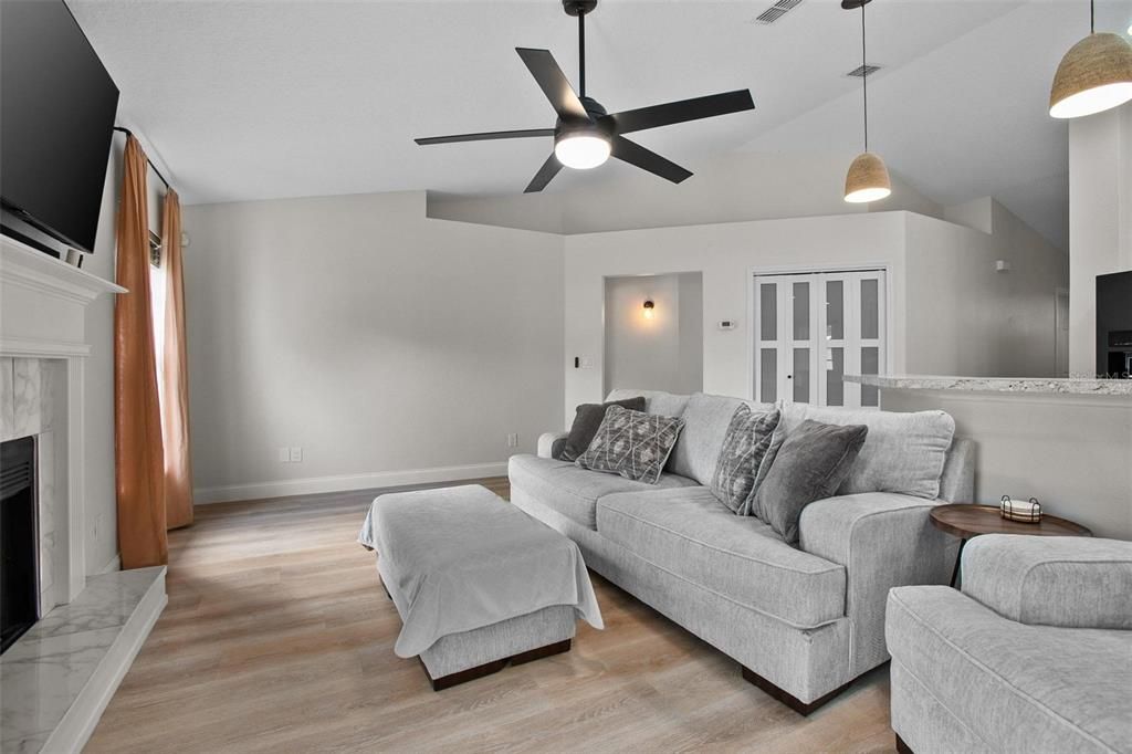Fireplace, Interior, Living room, Pendant Lights, Wood Texture Flooring
