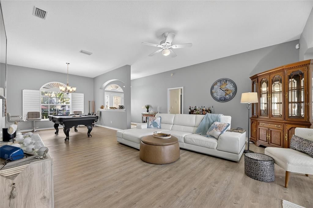 Billiard Table, Chandelier, Game Room, Interior, Living room, Wood Texture Flooring