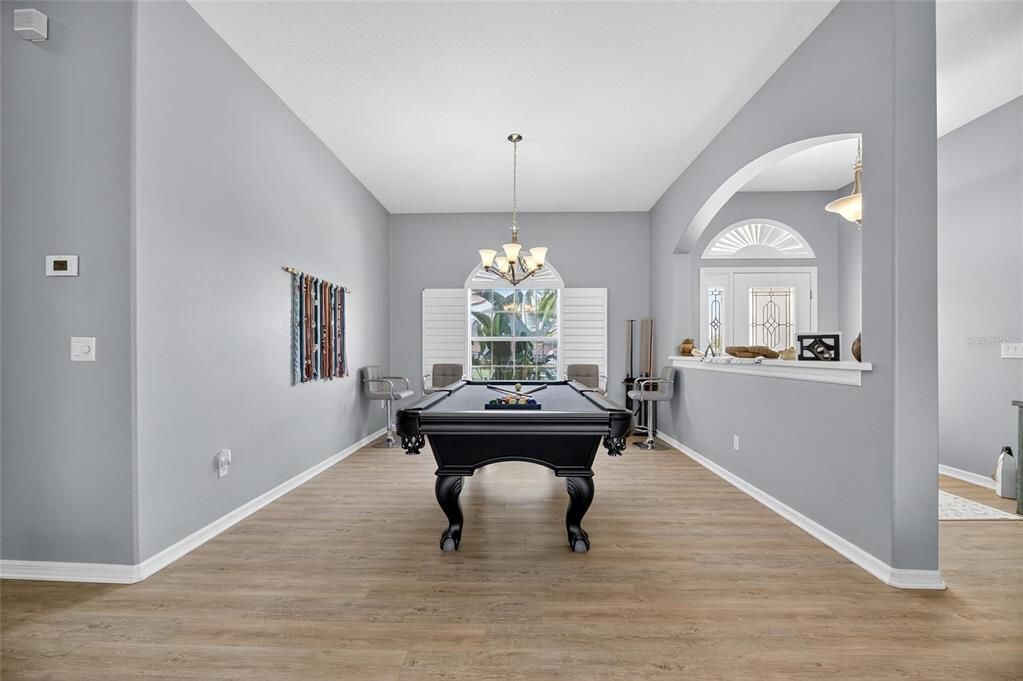 Billiard Table, Chandelier, Game Room, Interior, Pendant Lights, Wood Texture Flooring