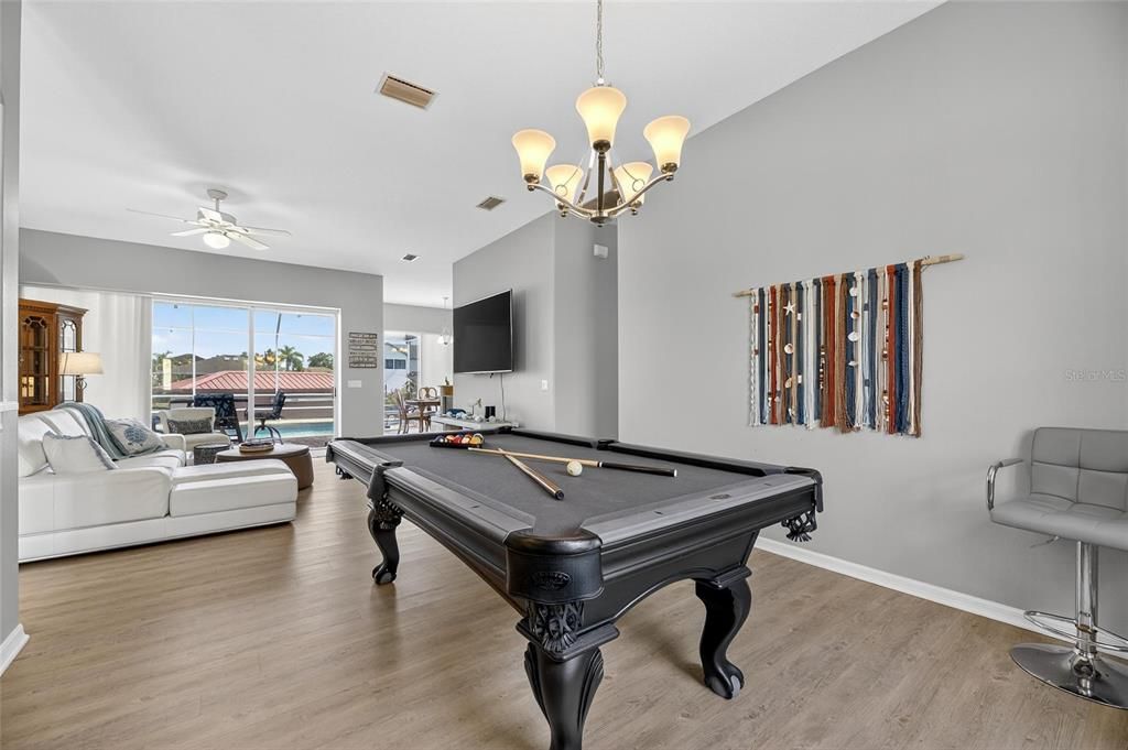 Billiard Table, Chandelier, Game Room, Interior, Living room, Wood Texture Flooring