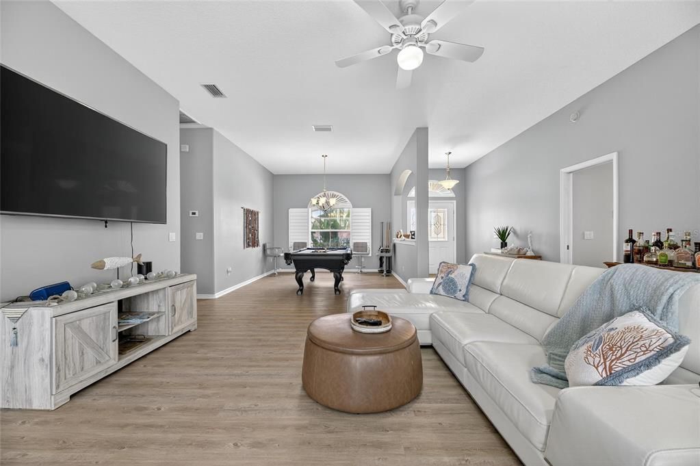 Billiard Table, Chandelier, Game Room, Interior, Living room, Pendant Lights, Wood Texture Flooring