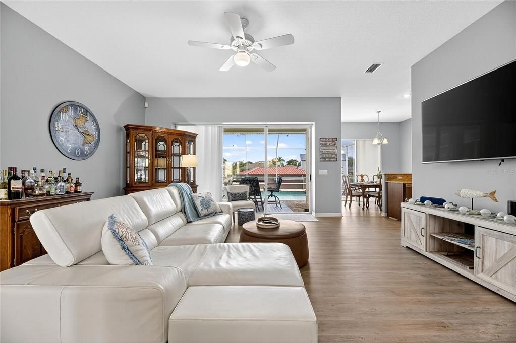 Dining room, Interior, Living room, Pendant Lights, Wood Texture Flooring