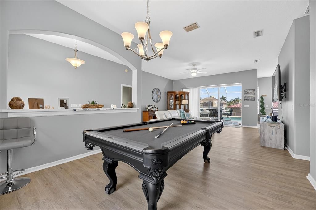 Billiard Table, Chandelier, Game Room, Interior, Pendant Lights, Wood Texture Flooring